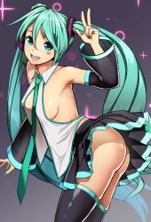 Rule 34 | 1girl, aqua hair, ass, bent over, between breasts, black thighhighs, blue eyes, breasts, detached sleeves, hair ornament, hatsune miku, headset, long hair, long sleeves, looking at viewer, necktie, necktie between breasts, nishiumi rin, no panties, open clothes, open shirt, pleated skirt, shirt, skirt, solo, thighhighs, twintails, very long hair, vocaloid, wide sleeves