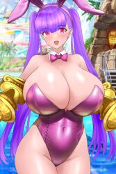 Rule 34 | 1girl, animal ears, bare shoulders, blush, breasts, claws, cleavage, covered navel, fake animal ears, fate/extra, fate/extra ccc, fate/grand order, fate (series), groin, highleg, highleg leotard, highres, huge breasts, leotard, looking at viewer, neckerchief, no bra, no panties, open mouth, passionlip (fate), pink leotard, playboy bunny, pool, poolside, purple hair, rabbit ears, raskasar, red eyes, textless version, thighs, twintails, wide hips