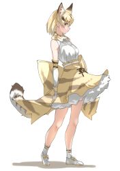 Rule 34 | 1girl, absurdres, animal ear fluff, animal ears, arms behind back, bare shoulders, blonde hair, bow, bowtie, cat ears, cat tail, commentary, elbow gloves, extra ears, female focus, from side, full body, gloves, highres, kemono friends, looking at viewer, print bow, print bowtie, print gloves, print skirt, sand cat (kemono friends), sand cat print, shirt, shoes, short hair, simple background, skirt, sleeveless, sleeveless shirt, socks, solo, standing, tail, tanabe (fueisei), underskirt, white background, white footwear, white shirt
