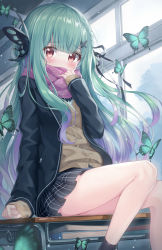 Rule 34 | 1girl, absurdres, black jacket, black ribbon, blunt bangs, blurry, blurry foreground, blush, book, braid, bug, butterfly, butterfly hair ornament, cardigan, classroom, covered mouth, desk, gradient hair, green hair, hair ornament, hair ribbon, highres, hololive, indoors, insect, jacket, long hair, looking at viewer, multicolored hair, open clothes, open jacket, plaid, plaid skirt, pleated skirt, polka dot, polka dot scarf, purple hair, purple scarf, red eyes, ribbon, scarf, scarf over mouth, school desk, school uniform, sitting, skirt, sleeves past wrists, solo, tyutaka0427, uruha rushia, uruha rushia (school uniform), virtual youtuber