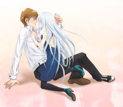 Rule 34 | 1boy, 1girl, arm support, asai yuichi, belt, blue eyes, blue hair, blush, bow, brown hair, card, card on necklace, couple, dress, embarrassed, closed eyes, hetero, high heels, imminent kiss, jewelry, kaiba seto, kisara (yu-gi-oh!), necklace, pantyhose, shoes, short hair, sitting, sitting on person, straddling, upright straddle, yu-gi-oh!, yu-gi-oh! duel monsters