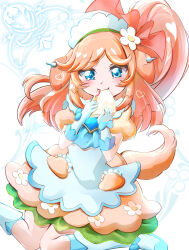 Rule 34 | 1girl, animal ears, artist name, blue eyes, clear glass (mildmild1311), commentary request, delicious party precure, dog ears, dog girl, dog tail, dress, eating, eyelashes, flower, food, gloves, hair flower, hair ornament, happy, highres, looking at viewer, magical girl, medium hair, pam-pam (precure), pam-pam (precure) (human), pam-pam (precure) (human) (children&#039;s lunch dress), precure, puffy short sleeves, puffy sleeves, short sleeves, smile, solo, standing, tail, twitter username