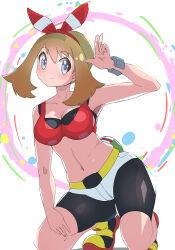 Rule 34 | 1girl, adapted costume, bike shorts, blush, bracelet, breasts, brown hair, cleavage, closed mouth, collarbone, commentary request, creatures (company), eyelashes, fanny pack, game freak, green bag, grey eyes, hand up, jewelry, kneeing, large breasts, masamu (leonore69), may (pokemon), medium breasts, navel, nintendo, pokemon, pokemon oras, shoes, smile, solo, split mouth, w, yellow footwear