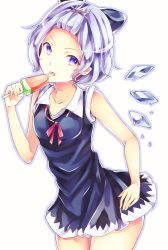 Rule 34 | 1girl, absurdres, alternate hairstyle, bad id, bad pixiv id, blue eyes, blue hair, cirno, commentary request, dress, food, fruit, hair up, highres, ice, ice wings, licking, matching hair/eyes, melting, popsicle, solo, tongue, tongue out, touhou, watermelon, watermelon bar, wings, yuusei tsukiro