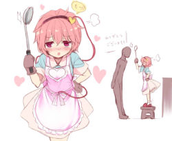 Rule 34 | 1boy, 1girl, :o, annoyed, apron, blush, faceless, faceless male, hairband, hand on own hip, heart, height difference, hetero, komeiji satori, ladle, minamura haruki, oven mitts, pink eyes, pink hair, short hair, sketch, slippers, touhou, translation request