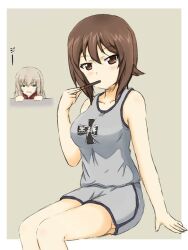 1girl blue_eyes breasts brown_background brown_eyes brown_hair emblem food girls_und_panzer grey_hair gym_shorts gym_uniform holding holding_food itsumi_erika kuromorimine_(emblem) large_breasts light_blush looking_at_viewer ma-2_(konkon_kitakitsune) multiple_girls nishizumi_maho pocky red_shirt saliva shirt short_hair shorts solo