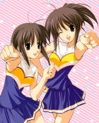 Rule 34 | 00s, 2girls, :d, ;d, antenna hair, armpits, bare shoulders, blue skirt, brown eyes, brown hair, cheerleader, clenched hands, cowboy shot, diagonal stripes, foreshortening, futakoi, grey hair, hair between eyes, hand on own hip, hand up, happy, high ponytail, highres, ichijou kaoruko, ichijou sumireko, leaning, looking at viewer, miniskirt, multiple girls, official art, one eye closed, open mouth, outstretched arm, parted bangs, pink background, pleated skirt, ponytail, sasaki mutsumi, short hair with long locks, short ponytail, siblings, side slit, sidelocks, sisters, skinny, skirt, smile, standing, star (symbol), starry background, striped, striped background, tank top, thigh gap, twins, wink