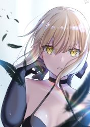 Rule 34 | 1girl, arm up, artoria pendragon (all), artoria pendragon (fate), black feathers, black gloves, blonde hair, breasts, elbow gloves, eyebrows hidden by hair, fate/grand order, fate/stay night, fate (series), feathers, gloves, hair between eyes, hair ribbon, highres, looking at viewer, open mouth, ribbon, saber alter, short hair, sii artatm, solo, upper body, wind, yellow eyes