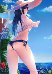 Rule 34 | 1girl, ass, beach, blue sky, blush, breasts, brown hair, butt crack, clothes lift, day, denim bikini, food, hat, highres, large breasts, lifted by self, long hair, looking at viewer, mouth hold, obiwan, original, outdoors, popsicle, shirt, shirt hold, shirt lift, short sleeves, sideboob, sidelocks, signature, sky, solo, straw hat, thighs, undressing, water drop, watermelon bar, wet, wet clothes, white shirt