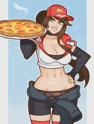 Rule 34 | 1girl, blue eyes, breasts, brown hair, cleavage, clothes around waist, elbow gloves, employee uniform, fingerless gloves, food, gloves, hand on own hip, highres, league of legends, looking at viewer, midriff, navel, pizza, pizza delivery, pizza delivery sivir, ponytail, short sleeves, shorts, sivir, smile, splashbrush, uniform