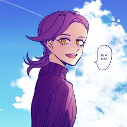 Rule 34 | 1boy, blue sky, braid, braided ponytail, cloud, commentary request, freckles, from side, jojo no kimyou na bouken, korean text, looking at viewer, male focus, open mouth, orange eyes, profile, purple hair, purple sweater, ribbed sweater, sempon (doppio note), sky, smile, solo, sweater, translation request, turtleneck, turtleneck sweater, upper body, vento aureo, vinegar doppio