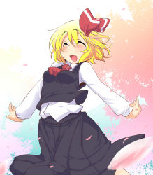 Rule 34 | 1girl, ^ ^, aki (akikaze asparagus), breasts, cherry blossoms, closed eyes, female focus, gradient background, happy, outstretched arms, rumia, skirt, smile, solo, touhou, white background