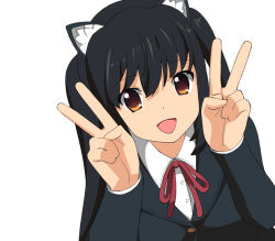 Rule 34 | 1girl, :d, a1 (initial-g), animal ears, black hair, blazer, brown eyes, cat ears, double v, jacket, k-on!, long hair, nakano azusa, neck ribbon, open mouth, red ribbon, ribbon, school uniform, simple background, smile, solo, twintails, upper body, v