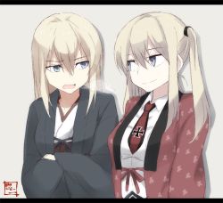 Rule 34 | 10s, 2girls, alternate costume, bad id, bad tumblr id, bismarck (kancolle), black ribbon, blonde hair, blue eyes, breasts, closed mouth, collarbone, collared shirt, cross, crossed arms, eye contact, eyebrows, graf zeppelin (kancolle), grey background, hair between eyes, hanten (clothes), iron cross, japanese clothes, kantai collection, kimono, letterboxed, long hair, long sleeves, looking at another, medium breasts, multiple girls, necktie, open mouth, print kimono, red ribbon, ribbon, shadow, shigino sohuzi, shirt, sidelocks, signature, simple background, smile, twintails, upper body, white shirt