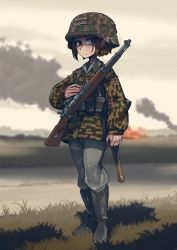 Rule 34 | 1girl, absurdres, battle rifle, bolt action, boots, brown hair, burning, camouflage, camouflage headwear, camouflage jacket, cloud, cloudy sky, commission, erica (naze1940), grass, gun, helmet, highres, jacket, mauser 98, original, rifle, shaded face, sky, smoke, solo, weapon, weapon request, world war ii