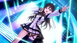 Rule 34 | 1girl, 22/7, 22/7 ongaku no jikan, asymmetrical legwear, black hair, concert, dress, drop earrings, dutch angle, earrings, feet out of frame, from below, game cg, highres, idol, idol clothes, indoors, jewelry, lens flare, long hair, looking ahead, marunouchi kaoruko, multicolored clothes, multicolored dress, non-web source, official art, open mouth, outstretched arm, red eyes, single sidelock, smile, solo, sparkle, stage lights, standing, striped clothes, striped thighhighs, teeth, thighhighs, uneven legwear, upper teeth only