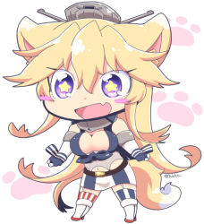 Rule 34 | 10s, 1girl, :d, animal ears, artist name, asymmetrical legwear, blonde hair, blush stickers, boots, breasts, chibi, fang, front-tie top, full body, gloves, hair between eyes, iowa (kancolle), kantai collection, kemonomimi mode, large breasts, long hair, mismatched legwear, navel, open mouth, paw print, purple eyes, smile, solo, standing, star-shaped pupils, star (symbol), stomach, striped clothes, striped thighhighs, symbol-shaped pupils, tail, thighhighs, tsukko (3ki2ne10), twitter username, vertical-striped clothes, vertical-striped thighhighs, very long hair, white background, wrist cuffs