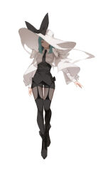 Rule 34 | 1girl, absurdres, ankle boots, aqua hair, arm at side, black bow, black footwear, black necktie, black shorts, black thighhighs, blunt bangs, boots, bow, buttons, closed mouth, collared shirt, double-breasted, full body, garter straps, grey eyes, hat, hat bow, hat over one eye, highres, layered sleeves, long sleeves, looking at viewer, medium hair, necktie, one eye covered, original, oversized hat, pantyhose, rachelee618, shirt, shorts, simple background, sleeve bow, smile, solo, standing, sun hat, thighhighs, underbust, unraveling, white background, white bow, white hat, white shirt