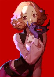 Rule 34 | 1girl, ascot, ask (askzy), belt, black vest, breasts, curly hair, forehead, gloves, hand up, holding, holding mask, light brown hair, mask, medium breasts, okumura haru, persona, persona 5, puffy sleeves, purple eyes, purple gloves, red background, shirt, simple background, solo, upper body, vest, white ascot