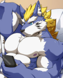 Rule 34 | 1boy, abs, animal ears, arasukanya (littleblackalas), arm up, bad id, bad pixiv id, bara, bare pectorals, biceps, blonde hair, blue eyes, blue fur, earrings, fenrir (housamo), furry, furry male, highres, holding, holding phone, jewelry, large pectorals, male focus, medium hair, mohawk, muscular, muscular male, nipples, nude, paid reward available, pectorals, phone, solo, stomach, thick eyebrows, tokyo houkago summoners, two-tone fur, upper body, white fur, wolf boy, wolf ears