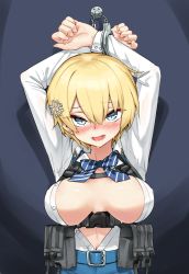 Rule 34 | 1girl, absurdres, ammunition pouch, bdsm, belt, belt buckle, belt pouch, blonde hair, blouse, blue bow, blue bowtie, blue eyes, blue skirt, blush, bondage, bound, bound wrists, bow, bowtie, breasts, breasts apart, buckle, collared shirt, cuffs, girls&#039; frontline, hair between eyes, hair ornament, handcuffed, handcuffs, harness, highres, ivan wang, large breasts, load bearing vest, long sleeves, looking at viewer, mole, mole under eye, no bra, nose blush, open clothes, open collar, open mouth, open shirt, pencil skirt, pouch, ribbon, see-through, see-through sleeves, shiny skin, shirt, shirt tucked in, short hair, simple background, skirt, snap-fit buckle, snowflake hair ornament, solo, striped bow, striped bowtie, striped clothes, striped neckwear, striped ribbon, sweatdrop, unbuttoned, unbuttoned shirt, upper body, vsk-94 (girls&#039; frontline), white shirt
