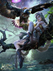 Rule 34 | 10s, 1girl, 2015, bird, blue eyes, braid, brown gloves, copyright name, dated, dousanxian, facial mark, falcon, fantasy, forehead mark, full body, fur trim, gloves, grey hair, hawk, in tree, legend of the cryptids, long hair, looking at viewer, outdoors, single braid, single glove, sitting, solo, tattoo, tree, very long hair, water, watermark