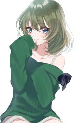 Rule 34 | 1girl, bad id, bad twitter id, bare shoulders, blue eyes, green eyes, green hair, green sweater, hair between eyes, hand on mouth, heterochromia, highres, idolmaster, idolmaster cinderella girls, long sleeves, looking at viewer, misumi (macaroni), mole, mole under eye, off shoulder, simple background, sleeves past wrists, smile, solo, sweater, takagaki kaede, white background
