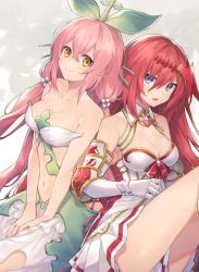 Rule 34 | 2girls, bare shoulders, breasts, cleavage, coyucom, gauntlets, godsworn alexiel, granblue fantasy, hair between eyes, hair ornament, long hair, low twintails, medium breasts, monster girl, multiple girls, pink hair, plant girl, red hair, skirt, twintails, yggdrasil (granblue fantasy)