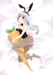 Rule 34 | 1girl, animal ears, ass, bad id, bad pixiv id, bare shoulders, blue eyes, bow, bowtie, breasts, carrot, cleavage, detached collar, fake animal ears, food, hairband, highres, kaetzchen, long hair, lying, medium breasts, no shoes, on side, original, oversized object, pantyhose, playboy bunny, ponytail, rabbit ears, rabbit tail, signature, silver hair, solo, straddling, tail, vegetable