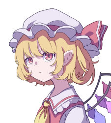 Rule 34 | 1girl, absurdres, ascot, blonde hair, closed mouth, eyebrows hidden by hair, flandre scarlet, hat, hat ribbon, highres, kame (kamepan44231), looking at viewer, mob cap, one-hour drawing challenge, pointy ears, red eyes, red ribbon, ribbon, short hair, short sleeves, side ponytail, simple background, solo, touhou, upper body, white background, white hat, yellow ascot