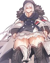 Rule 34 | 1girl, black coat, black footwear, black hat, black jacket, black thighhighs, boots, breasts, buttons, cleavage, closed mouth, coat, commentary, cowboy shot, double-breasted, expressionless, from below, fur-trimmed coat, fur trim, girls&#039; frontline, hair between eyes, hat, jacket, kar98k (girls&#039; frontline), large breasts, long hair, looking at viewer, looking down, melon22, military, military hat, military uniform, miniskirt, red eyes, silver hair, simple background, skirt, solo, thigh boots, thighhighs, thighs, uniform, white background, white skirt, zettai ryouiki