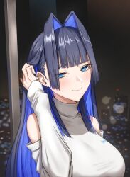 Rule 34 | 1girl, absurdres, adjusting hair, bare shoulders, black hair, blue eyes, blunt bangs, blush, breasts, cityscape, closed mouth, clothing cutout, colored inner hair, ear piercing, hair intakes, hand up, highres, hololive, hololive english, indoors, large breasts, long sleeves, looking at viewer, multicolored hair, night, ouro kronii, ouro kronii (casual), piercing, purple hair, shoulder cutout, smile, solo, sweater, two-tone hair, virtual youtuber, white sweater, zenya
