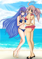 Rule 34 | 2girls, atlus, beach, bikini, blush, breasts, butt crack, character request, female focus, full body, holding hands, highres, interlocked fingers, long hair, looking at viewer, looking back, luminous arc, luminous arc 2, multiple girls, seraphina, swimsuit, very long hair