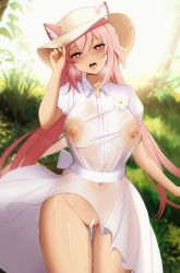 Rule 34 | 1girl, absurdres, alternate costume, animal ear fluff, arknights, ateoyh, backlighting, belt, blush, breasts, brown hat, censored, collared dress, cowboy shot, dark-skinned female, dark skin, day, dress, ears through headwear, gravel (arknights), hand on headwear, hat, head tilt, heart, heart-shaped pupils, highres, lactation, large breasts, long hair, looking at viewer, naughty face, navel, nipples, no panties, open mouth, outdoors, pink eyes, pink hair, pussy, pussy juice, saliva, see-through, short sleeves, solo, sun hat, sunlight, sweat, symbol-shaped pupils, thigh gap, tongue, tongue out, very long hair, wet, wet clothes, wet dress, white dress, wind, wind lift