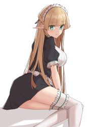 Rule 34 | 1girl, ass, blonde hair, blush, breasts, commentary request, dress, elf, elfenlied22, from side, highres, large breasts, maid, maid headdress, original, pointy ears, short sleeves, simple background, solo, thighhighs, white background, white thighhighs