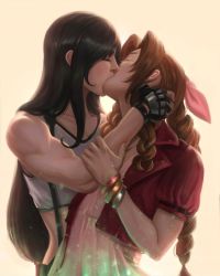 Rule 34 | 2girls, aerith gainsborough, bare arms, bare shoulders, biceps, black gloves, black hair, bow, bracelet, braid, breasts, brown hair, caio santos, cleavage, closed eyes, collarbone, couple, dress, female focus, final fantasy, final fantasy vii, final fantasy vii remake, fingerless gloves, french kiss, gloves, hand on another&#039;s arm, hand on another&#039;s back, hand on another&#039;s head, highres, jacket, jewelry, kiss, long hair, low-tied long hair, midriff, multiple girls, muscular, muscular female, neck, parted bangs, pink background, pink bow, pink ribbon, profile, ribbon, simple background, square enix, suspenders, tank top, tifa lockhart, twin braids, yuri