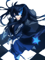 Rule 34 | 10s, 1girl, belt, black hair, black rock shooter, black rock shooter (character), blue eyes, cape, glowing, glowing eyes, llcss, long hair, maruko, solo, twintails, vocaloid
