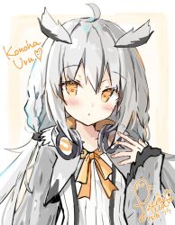 Rule 34 | 1girl, :o, ahoge, black hair, blush, brown background, brown eyes, commentary request, cropped jacket, dress, grey hair, grey jacket, hair between eyes, hand up, head wings, headphones, headphones around neck, indie virtual youtuber, jacket, konoha uru, long hair, long sleeves, looking at viewer, low twintails, multicolored hair, nail polish, official art, open clothes, open jacket, orange nails, parted lips, saeki sora, signature, sleeves past wrists, solo, streaked hair, twintails, two-tone background, virtual youtuber, white background, white dress, wings