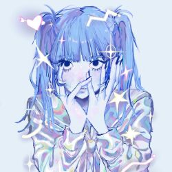 Rule 34 | 1girl, black eyes, blue background, blue hair, blunt bangs, chimaki pirsk, eyelashes, hands on own cheeks, hands on own face, heart, long hair, long sleeves, neckerchief, original, parted lips, sailor collar, shirt, simple background, solo, sparkle, star (symbol), twintails, upper body, white neckerchief