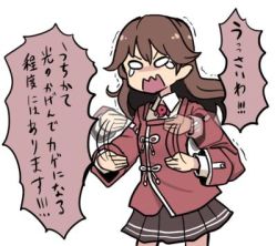 Rule 34 | afterimage, alternate hairstyle, breasts, brown hair, hair down, japanese clothes, kantai collection, kariginu, lowres, magatama, ryuujou (kancolle), small breasts, tears, terrajin, translation request, trembling, wide oval eyes