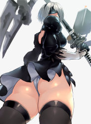 Rule 34 | 1girl, ass, back, black dress, black thighhighs, breasts, dress, floating, floating object, gloves, hairband, highres, holding, katana, mole, mole under mouth, negresco, nier (series), nier:automata, pod (nier:automata), short hair, silver hair, solo, sword, thighhighs, two-sided fabric, two-sided skirt, weapon, 2b (nier:automata)