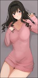 Rule 34 | 1girl, amagami, black eyes, black hair, black headband, blush, breasts, drill hair, grey background, hand on own chest, headband, large breasts, long hair, looking at viewer, mobu, morishima haruka, pink sweater, sleeves past wrists, smile, solo, sweater, thighs