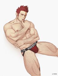 Rule 34 | 1boy, abs, absurdres, ajproton, bad id, bad twitter id, bara, blue eyes, boku no hero academia, bulge, chest hair, endeavor (boku no hero academia), facial hair, feet out of frame, hairy, highres, jockstrap, large pectorals, looking at viewer, male focus, male underwear, manly, muscular, navel hair, nipples, pectorals, red hair, scar, scar on face, short hair, solo, spiked hair, stubble, thick thighs, thighs, thumb to mouth, underwear, underwear only, white background