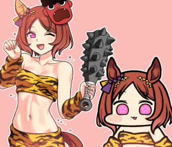 Rule 34 | 1girl, :3, animal ears, beans, blush, breasts, brown hair, cleavage, club, club (weapon), commentary request, hair ornament, holding, holding weapon, horse ears, horse girl, horse tail, jazz jack, kanabou, looking at viewer, mask, navel, one eye closed, oni costume, oni mask, open mouth, pink background, purple eyes, sakura laurel (oni laurel) (umamusume), sakura laurel (umamusume), small breasts, solo, spiked club, tail, umamusume, umamusume: star blossom, weapon