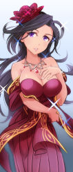 Rule 34 | 10s, 1girl, bare shoulders, black hair, breasts, cleavage, dress, female focus, hair ornament, hand on own chest, idolmaster, idolmaster cinderella girls, jewelry, large breasts, long hair, looking at viewer, luncheon meat umai, necklace, parted lips, purple eyes, solo, sparkle, strapless, strapless dress, takahashi reiko