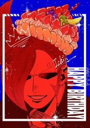 Rule 34 | 1boy, character name, commentary request, curly eyebrows, dated, english text, food, fork, fruit, hair over one eye, happy birthday, highres, holding, holding fork, larugo0513, male focus, one eye covered, one piece, red hair, short hair, smile, solo, sunglasses, vinsmoke ichiji