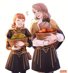 Rule 34 | 2girls, annette fantine dominic, apple, artist name, basket, black bow, black skirt, blue eyes, bow, carrying, drill hair, eyebrows, eyelashes, closed eyes, female focus, fire emblem, fire emblem: three houses, food, fruit, grin, height difference, highres, laughing, light brown hair, long hair, looking at another, mercedes von martritz, multiple girls, nintendo, open mouth, orange hair, pale skin, pear, ponytail, school uniform, skirt, smile, teeth, twin drills, twitter username, uniform, viria13, walking, watermark, white background