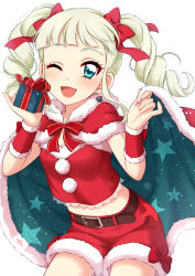 Rule 34 | 1girl, :d, absurdres, aikatsu!, aikatsu! (series), blonde hair, blue cape, blunt bangs, blush, bow, cape, christmas, christmas present, cowboy shot, drill hair, earrings, fang, fur-trimmed shorts, fur trim, gift, hair bow, hands up, highres, holding, holding gift, jewelry, looking at viewer, one eye closed, open mouth, red bow, red cape, red shorts, sekina, short shorts, shorts, simple background, smile, solo, standing, todo yurika, twin drills, two-sided cape, two-sided fabric, white background, wristband