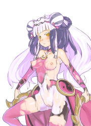 Rule 34 | 1girl, :&lt;, blush, bodypaint, breasts, collarbone, colored eyelashes, detached sleeves, double bun, dress, embarrassed, hair bun, haku (p&amp;d), henry bird 9, jewelry, long hair, medium breasts, multicolored hair, navel, necklace, nipples, orange eyes, painted clothes, purple hair, pussy, puzzle &amp; dragons, simple background, solo, sweatdrop, thighhighs, two-tone hair, uncensored, very long hair, white background, white hair, yin yang