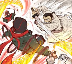 2boys battle black_hair blue_eyes crossover fighting_stance highres holding holding_weapon jacket japanese_clothes jegssart katana kimono male_focus mask mouth_mask multiple_boys ninja ninja_mask randy_cunningham randy_cunningham:_9th_grade_ninja red_scarf samurai samurai_jack samurai_jack_(character) scarf shirt sword t-shirt two-handed weapon